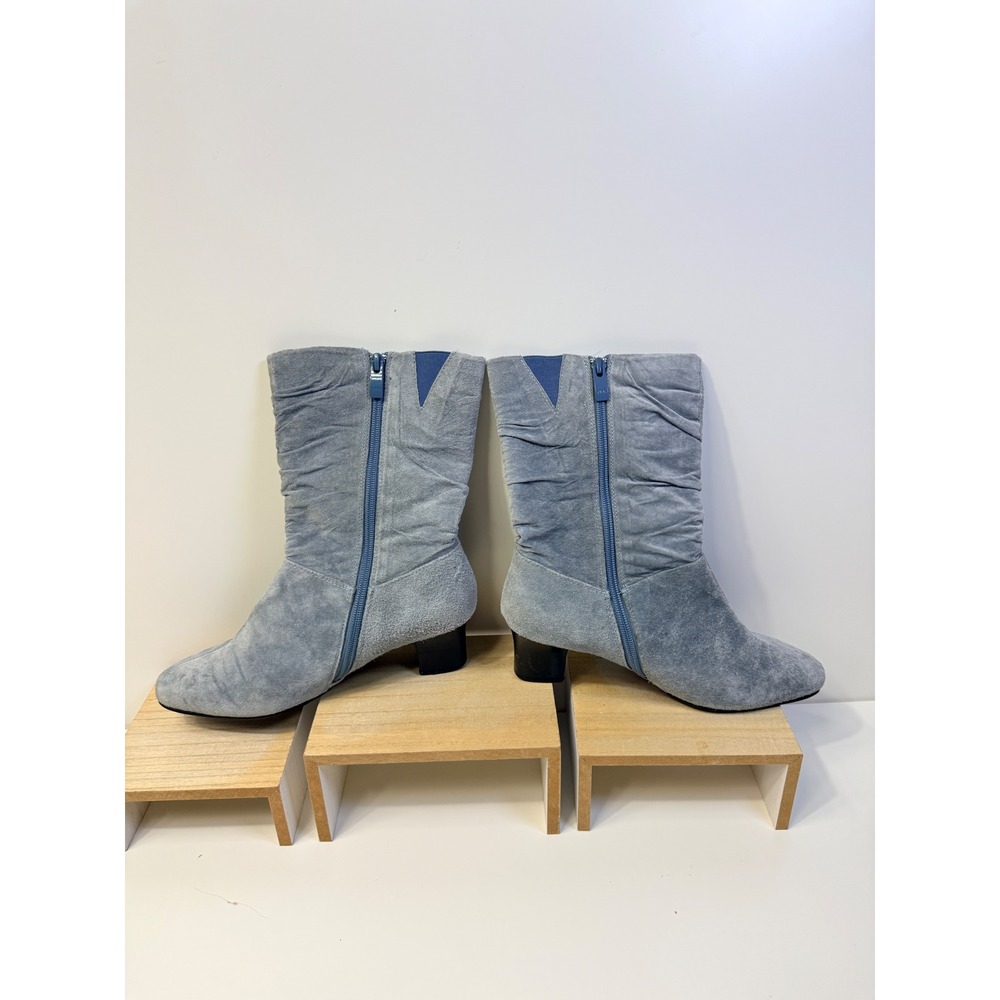 Vintage 80s Slouchy Suede Mid-Calf Boots | Blue Grey Block Heel | Size